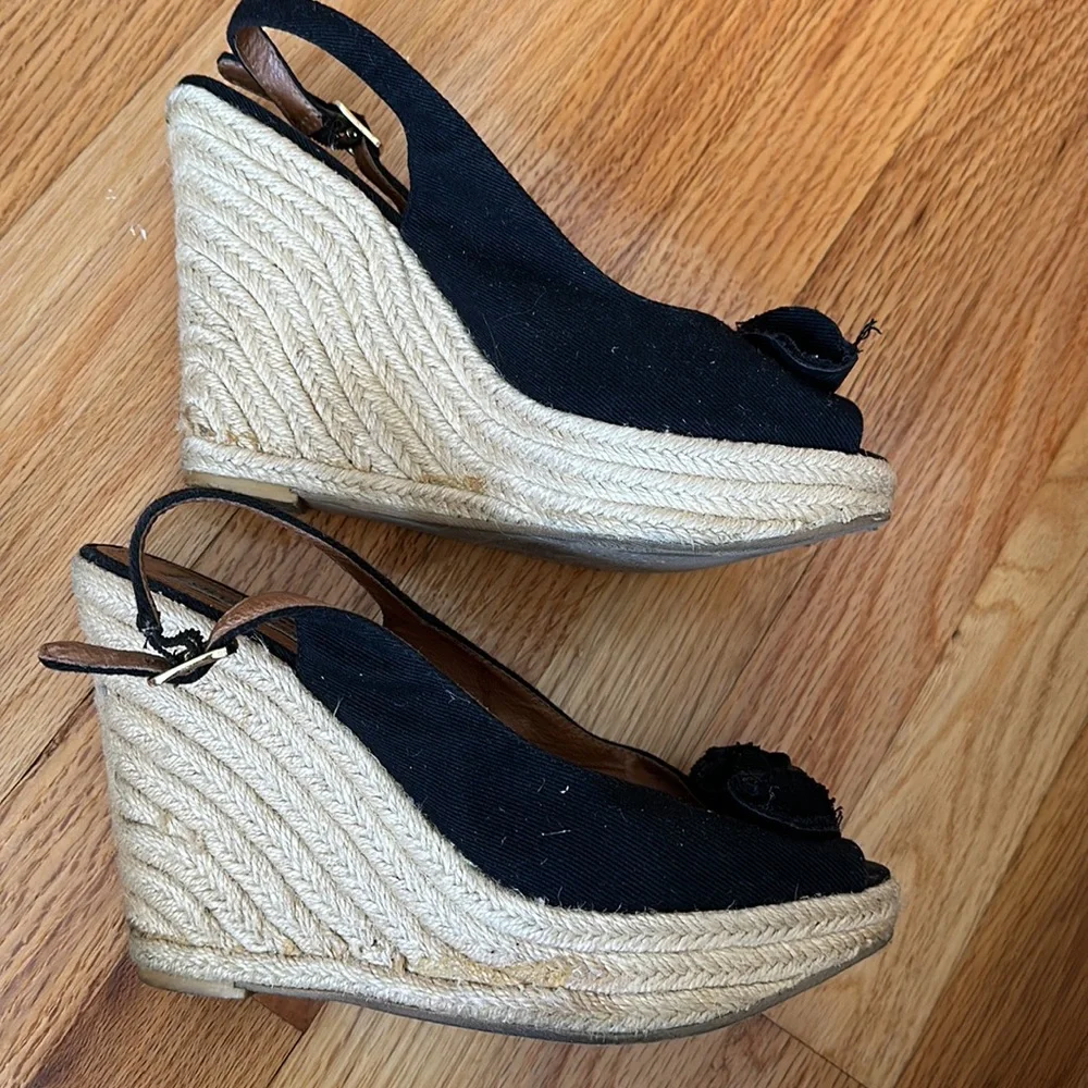 Steve Madden black Straw Platform slingback Wedges with bow
